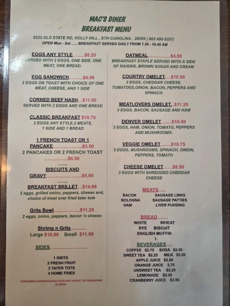 Mac's Diner Menu image 1